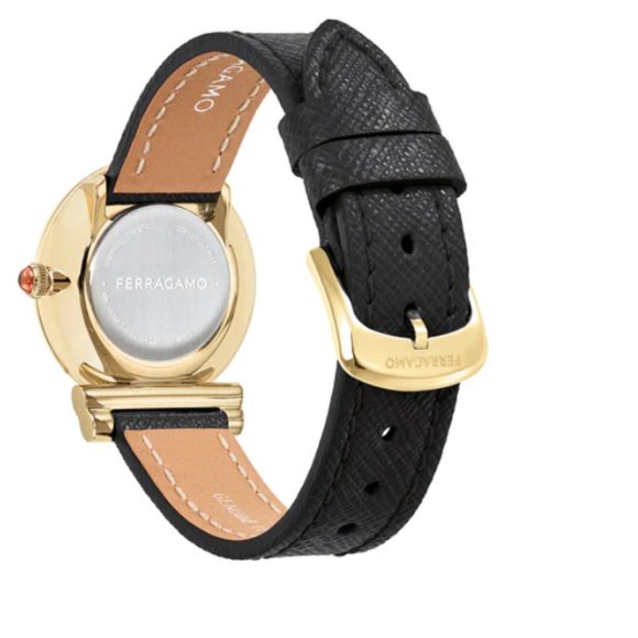 Ferragamo Ladies Gold Black Leather Watch